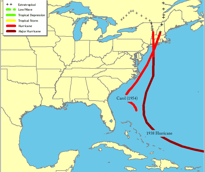 Two hurricane tracks from 1938 and 1954 each affected New England, but their local impacts were quite different. Maps courtesy http://www.nhc.noaa.gov