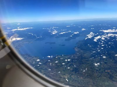 airplane window view of lake in Chile